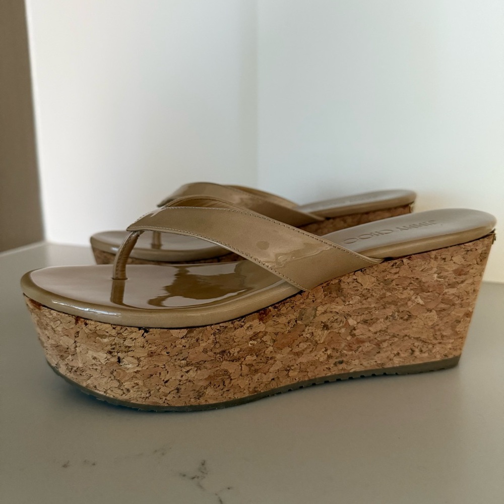 Jimmy Choo Nude Patent Pathos Wedge Sandals, 40